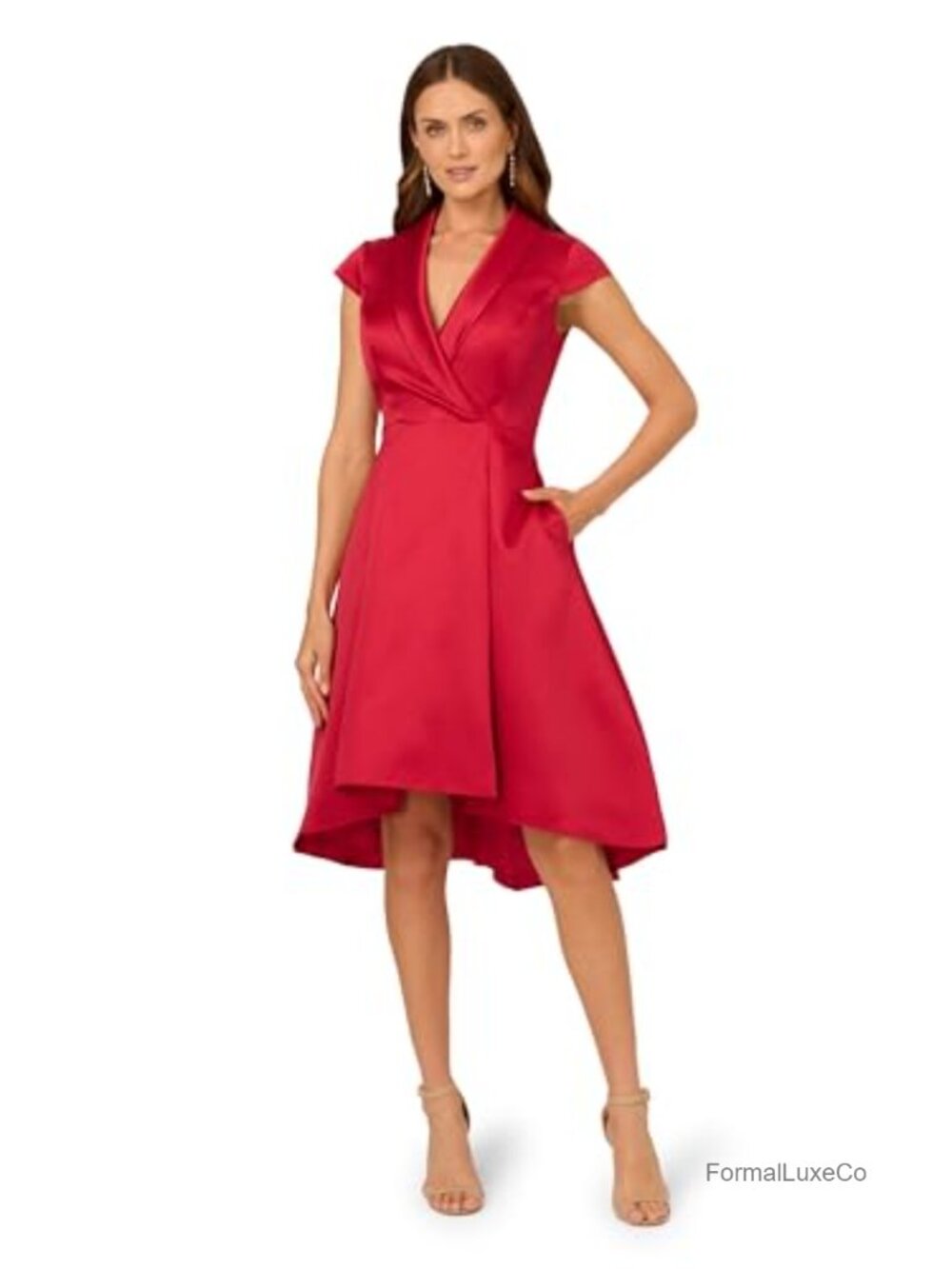 High Low Cocktail Dress Fit & Flare Midi Mikado V-Neck Cap Sleeve